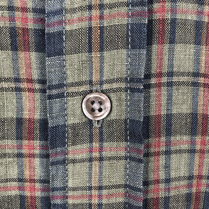Banana Republic Check Pattern Long-Sleeve Linen Shirt, Men's Size L (approx.) linen Khaki type sage green Vintage Second Hand