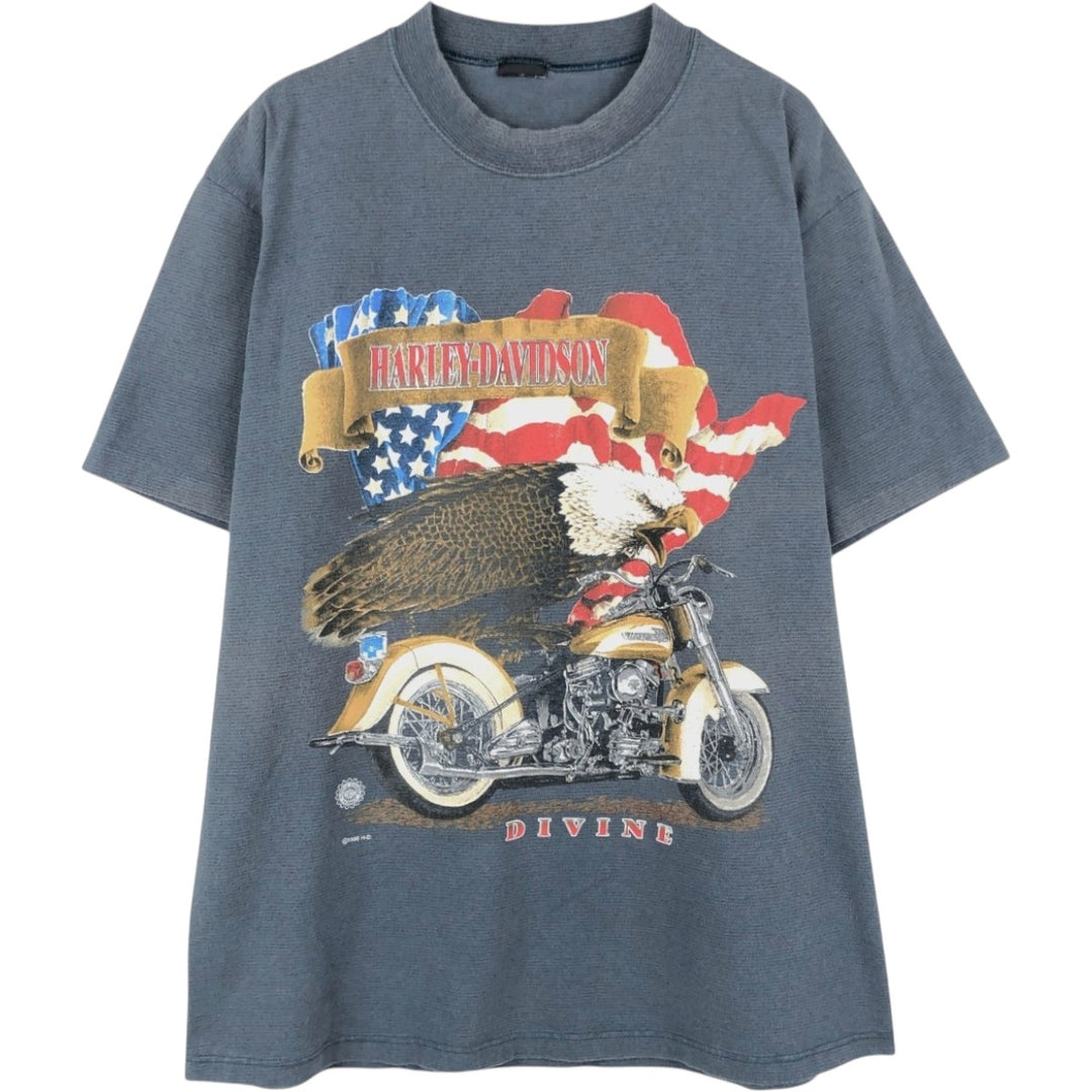 90'S Harley-Davidson Eagle and Stars and Stripes Border Pattern Advertising Motorcycle T-Shirt, Men's Size L (approx.) unclear navy blue type Vintage Second Hand