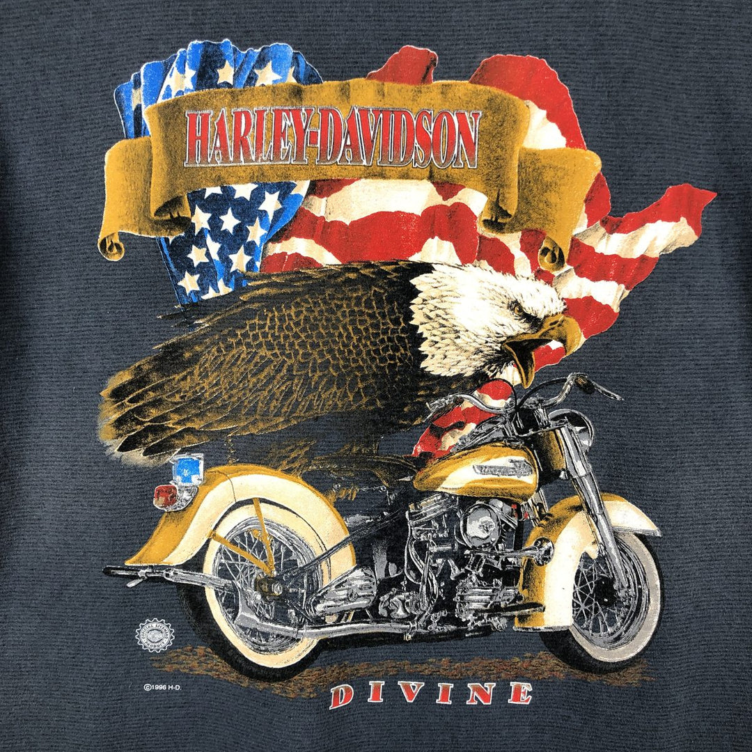 90'S Harley-Davidson Eagle and Stars and Stripes Border Pattern Advertising Motorcycle T-Shirt, Men's Size L (approx.) unclear navy blue type Vintage Second Hand