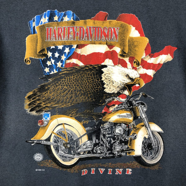 90'S Harley-Davidson Eagle and Stars and Stripes Border Pattern Advertising Motorcycle T-Shirt, Men's Size L (approx.) unclear navy blue type Vintage Second Hand
