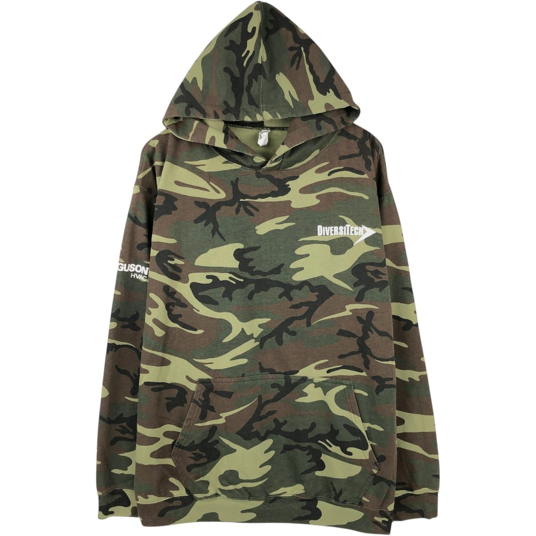CODE FIVE Camouflage Pattern Woodland Camo Sweat Pullover Hoodie, Men's XL (approx.) cotton Khaki type sage green Vintage Second Hand