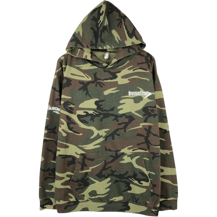 CODE FIVE Camouflage Pattern Woodland Camo Sweat Pullover Hoodie, Men's XL (approx.) cotton Khaki type sage green Vintage Second Hand