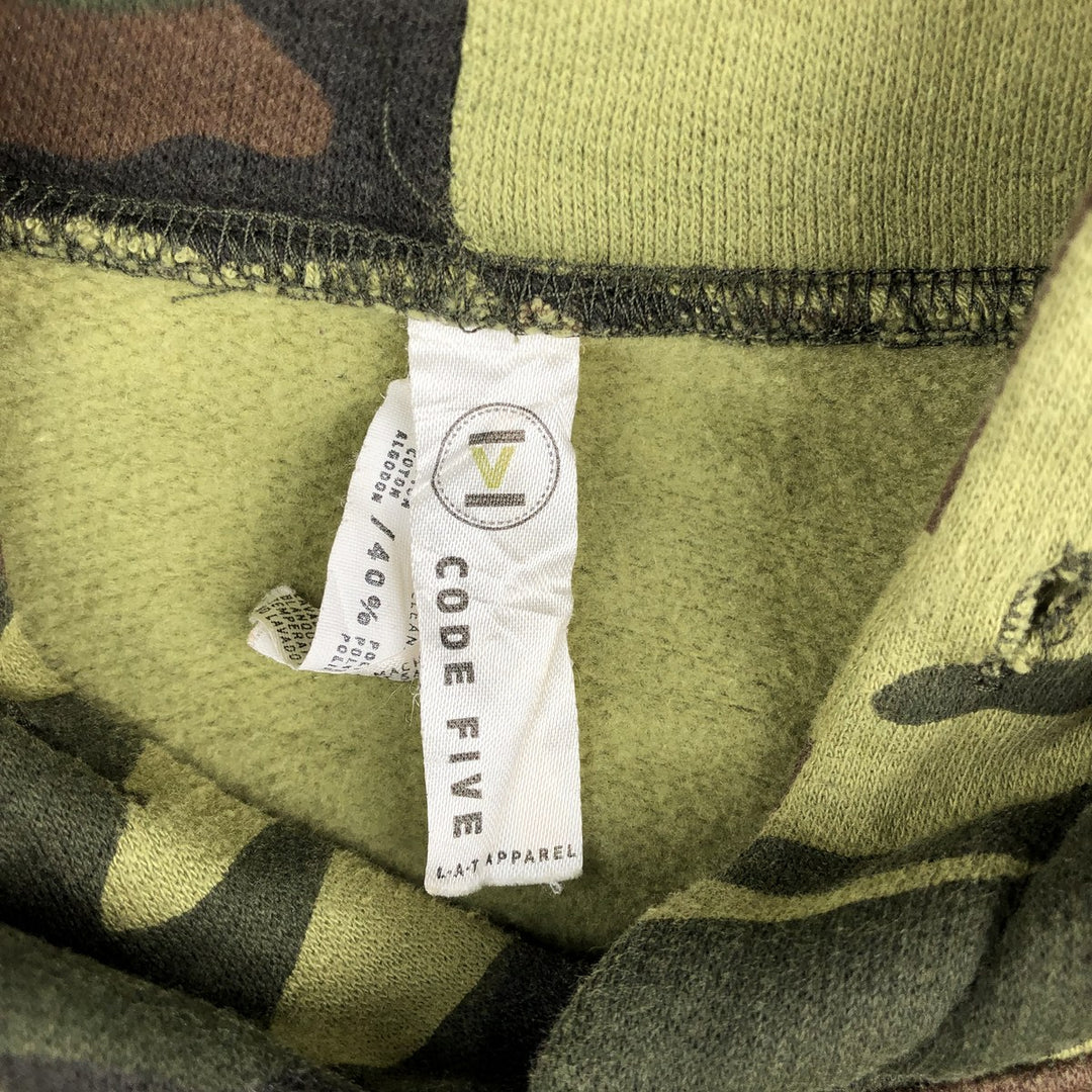 CODE FIVE Camouflage Pattern Woodland Camo Sweat Pullover Hoodie, Men's XL (approx.) cotton Khaki type sage green Vintage Second Hand