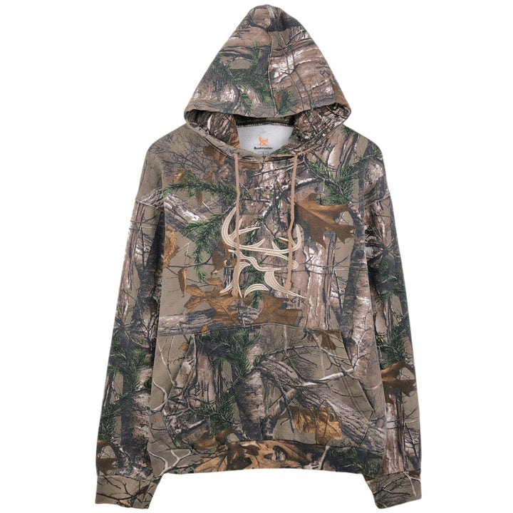 Bushmaster Camouflage Pattern Real Tree Camo Sweat Pullover Hoodie, Men's Size L (approx.) cotton Khaki type brown Vintage Second Hand