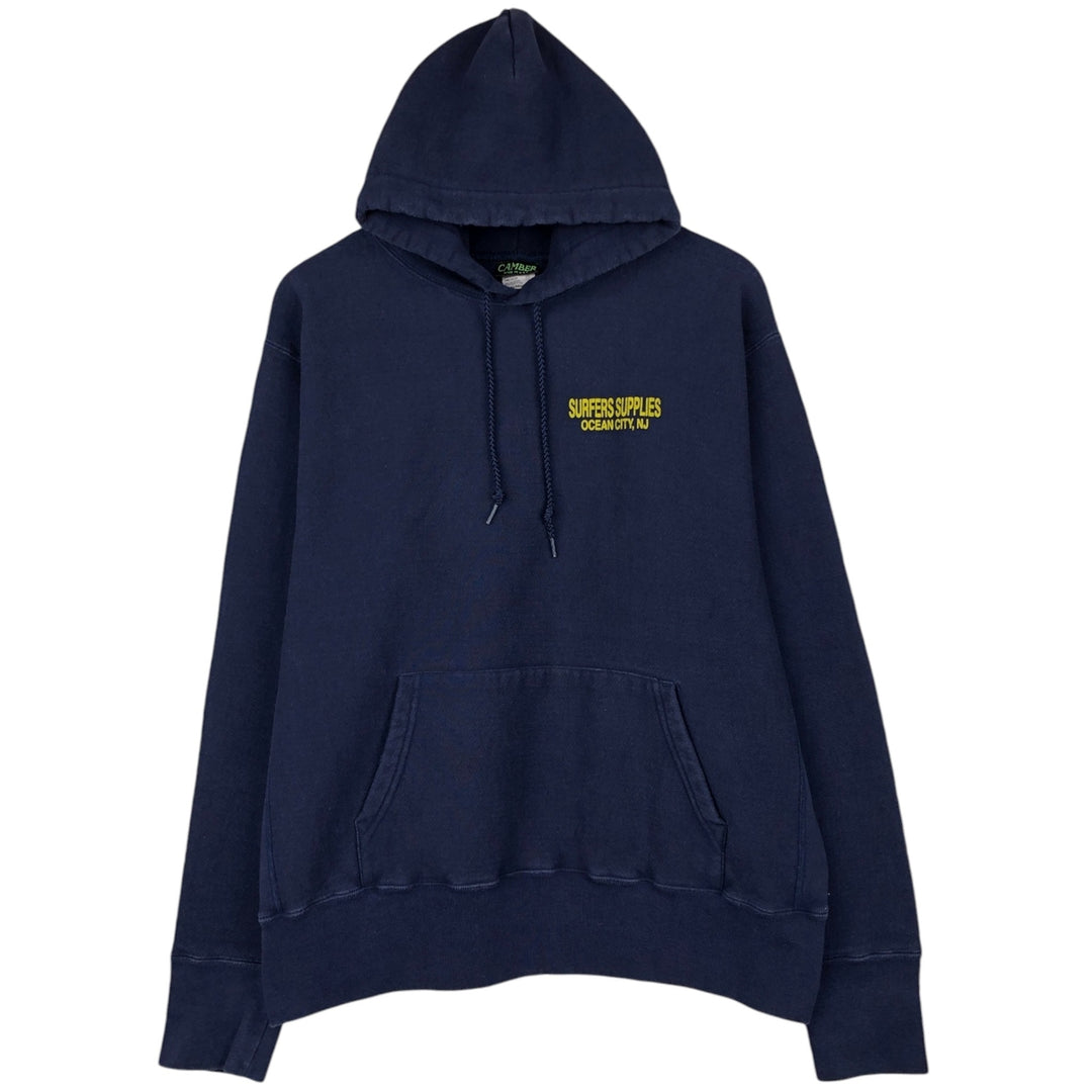 90'S CAMBER Surfers Surprise Advertising Sweatshirt Pullover Hoodie, Made in USA, Men's XL equivalent. cotton navy blue type Vintage Second Hand