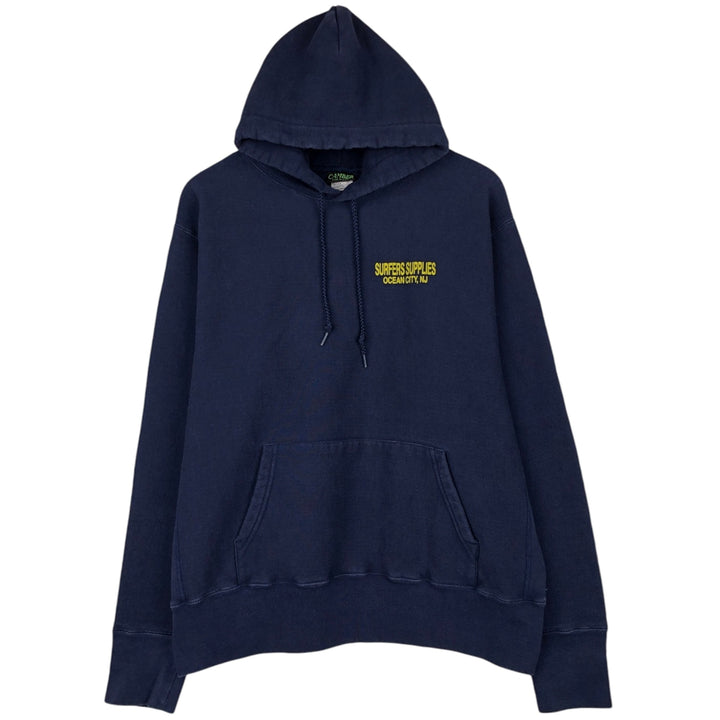 90'S CAMBER Surfers Surprise Advertising Sweatshirt Pullover Hoodie, Made in USA, Men's XL equivalent. cotton navy blue type Vintage Second Hand