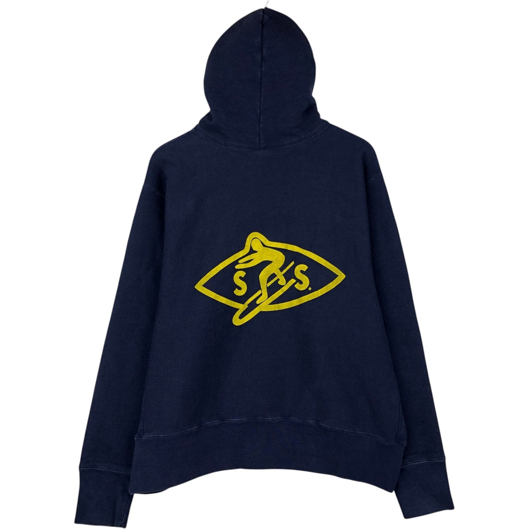 90'S CAMBER Surfers Surprise Advertising Sweatshirt Pullover Hoodie, Made in USA, Men's XL equivalent. cotton navy blue type Vintage Second Hand