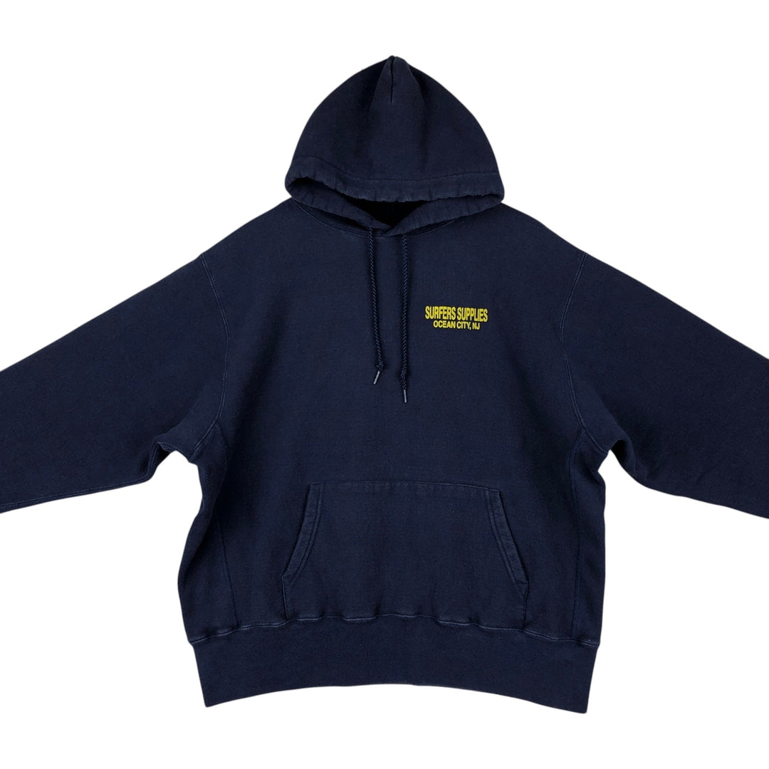 90'S CAMBER Surfers Surprise Advertising Sweatshirt Pullover Hoodie, Made in USA, Men's XL equivalent. cotton navy blue type Vintage Second Hand