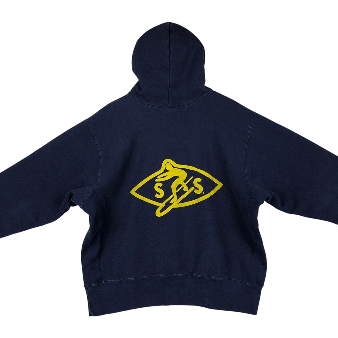 90'S CAMBER Surfers Surprise Advertising Sweatshirt Pullover Hoodie, Made in USA, Men's XL equivalent. cotton navy blue type Vintage Second Hand