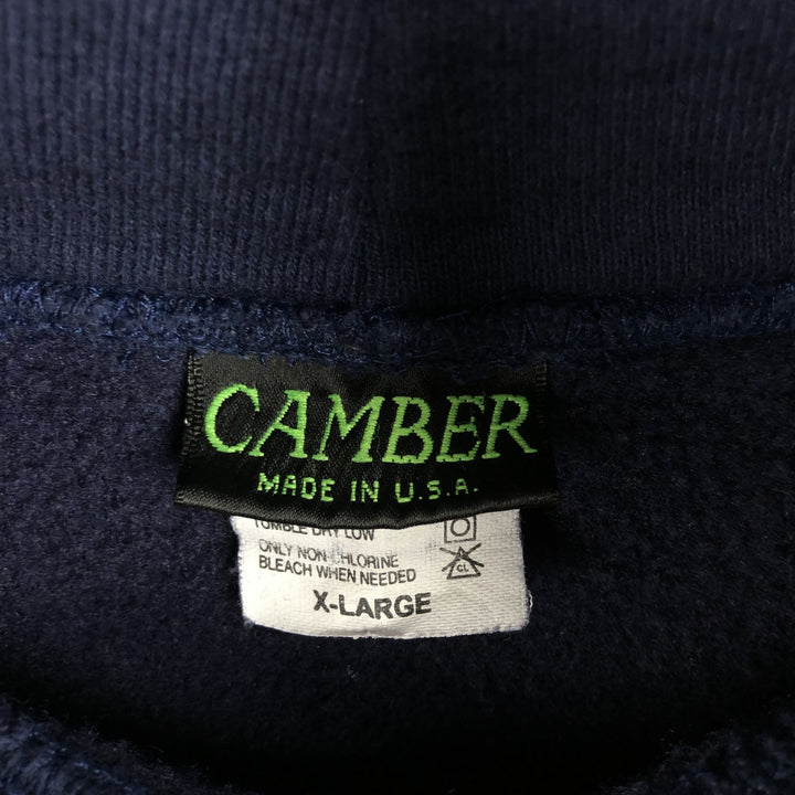 90'S CAMBER Surfers Surprise Advertising Sweatshirt Pullover Hoodie, Made in USA, Men's XL equivalent. cotton navy blue type Vintage Second Hand