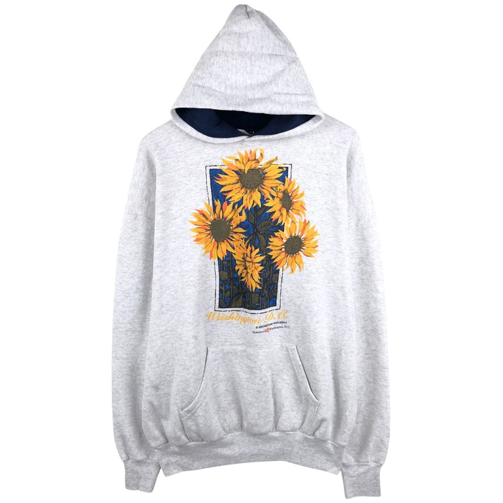 ACTIVE IMAGE Floral Print Sweatshirt Pullover Hoodie, Made in USA, Men's Size XL (Equivalent), Vintage polyester gray type Vintage Second Hand