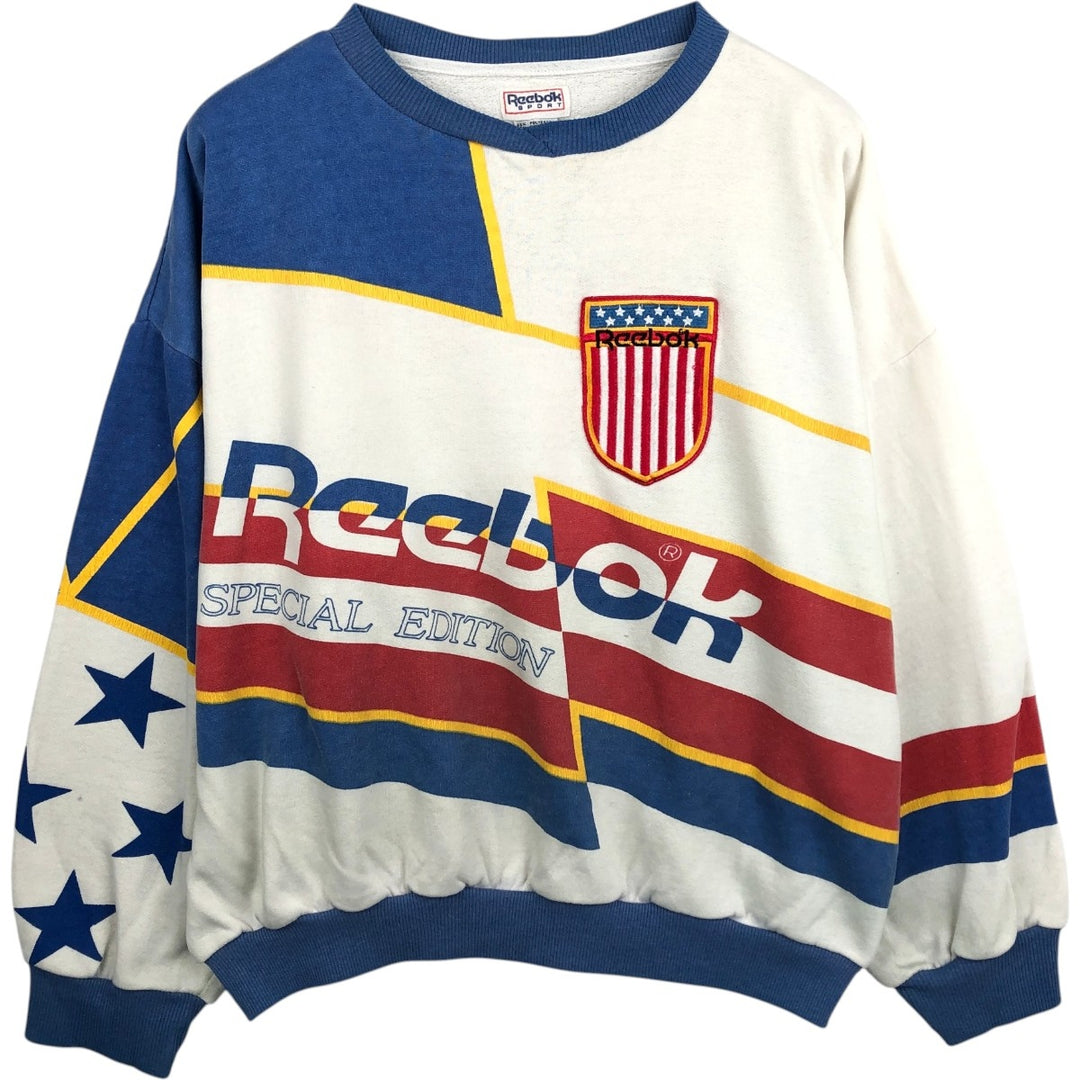 80'S Reebok All-Over Print Logo Sweatshirt, Men's Size L (approx.), Vintage polyester white type Vintage Second Hand
