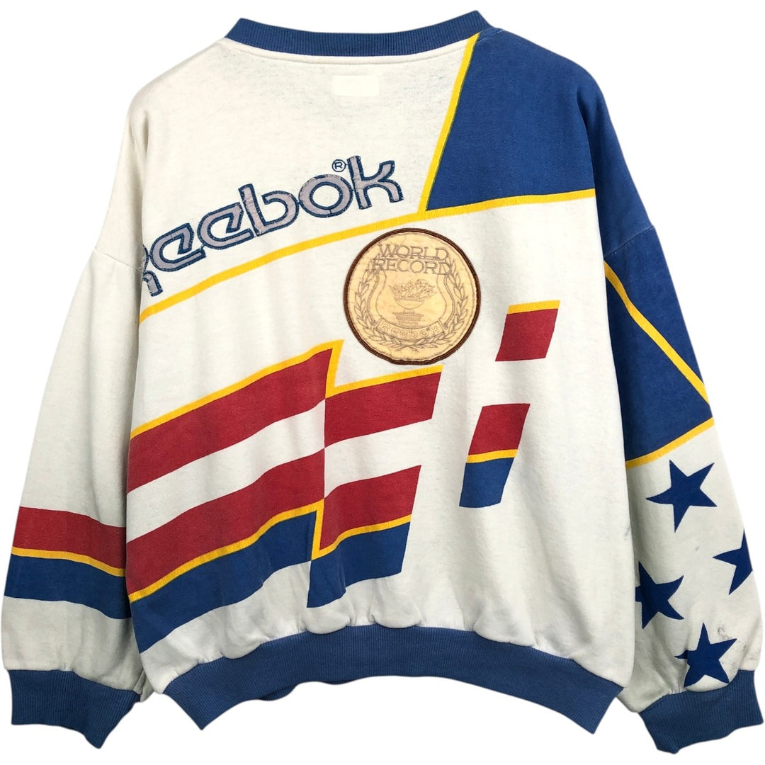 80'S Reebok All-Over Print Logo Sweatshirt, Men's Size L (approx.), Vintage polyester white type Vintage Second Hand