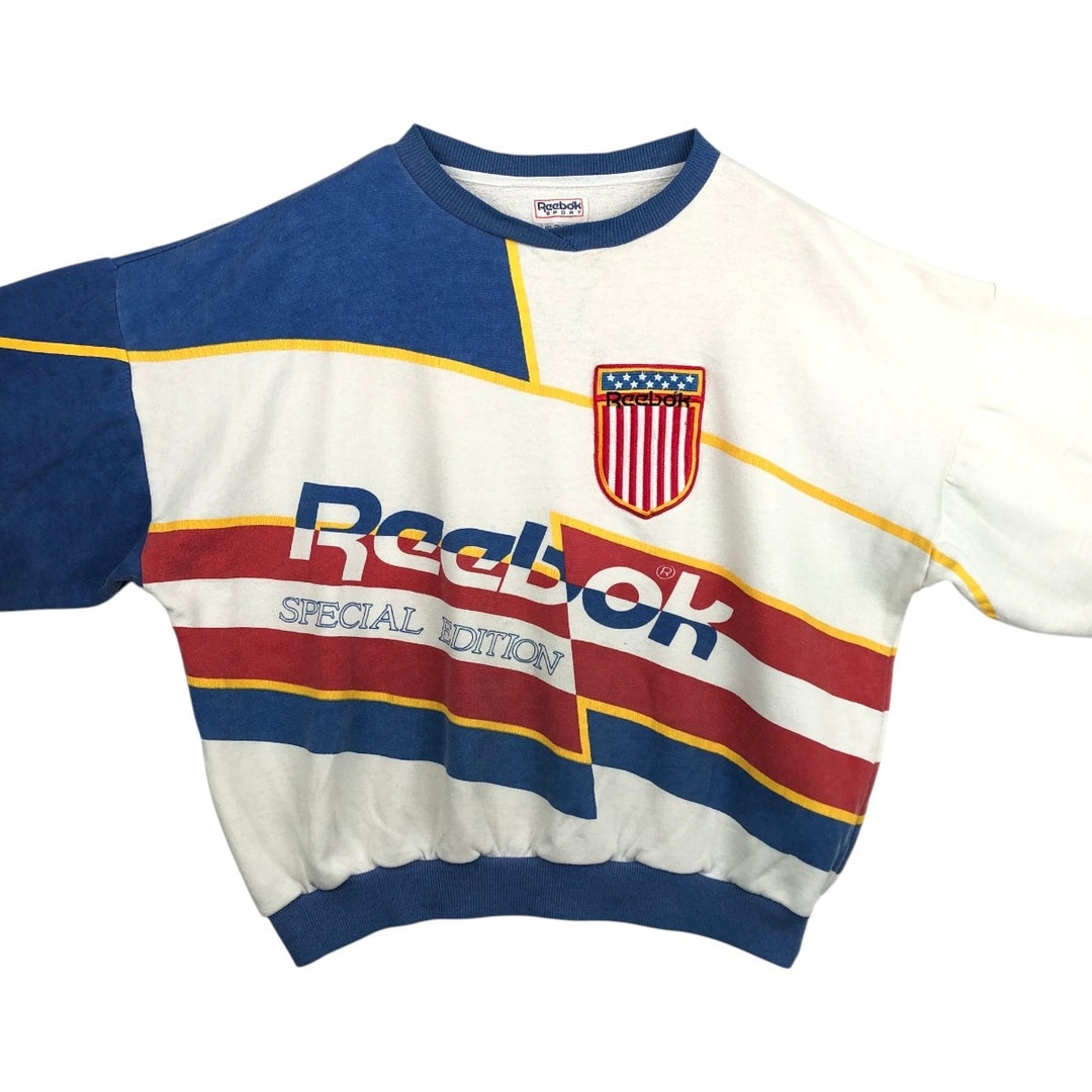 80'S Reebok All-Over Print Logo Sweatshirt, Men's Size L (approx.), Vintage polyester white type Vintage Second Hand