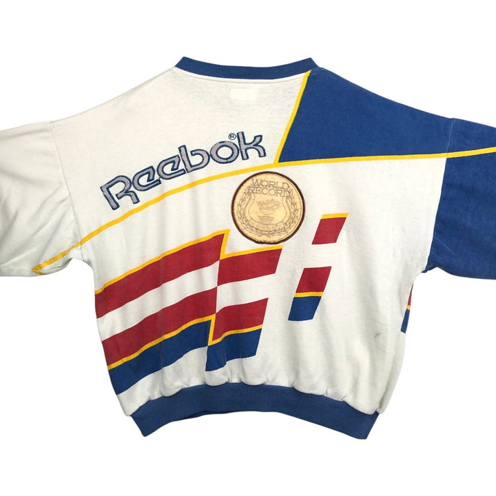 80'S Reebok All-Over Print Logo Sweatshirt, Men's Size L (approx.), Vintage polyester white type Vintage Second Hand