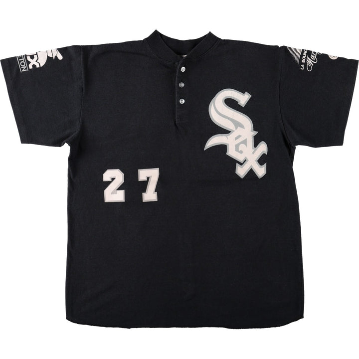 90'S Athletic Knit MLB Chicago White Sox Henley Neck Sports Print T-Shirt, Made in Canada, Men's Size L (approx.) polyester black type Vintage Second Hand