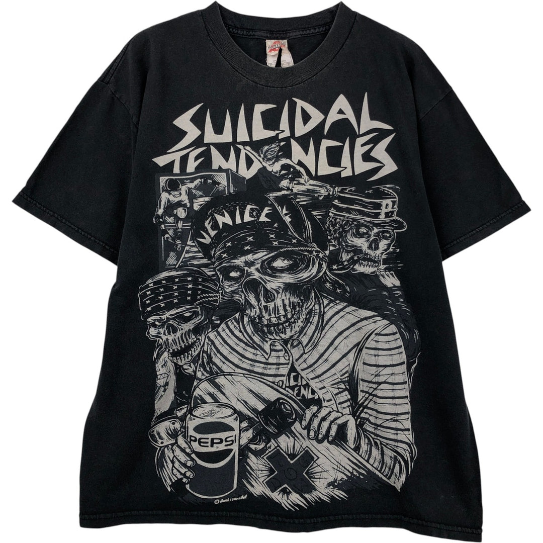 AL STYLE SUICIDAL TENDENCIES Skull Pattern Band T-Shirt (Men's Size L) cotton Charcoal Vintage Second Hand