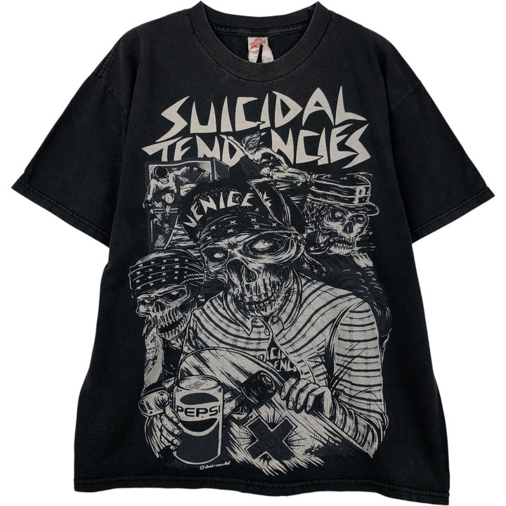 AL STYLE SUICIDAL TENDENCIES Skull Pattern Band T-Shirt (Men's Size L) cotton Charcoal Vintage Second Hand