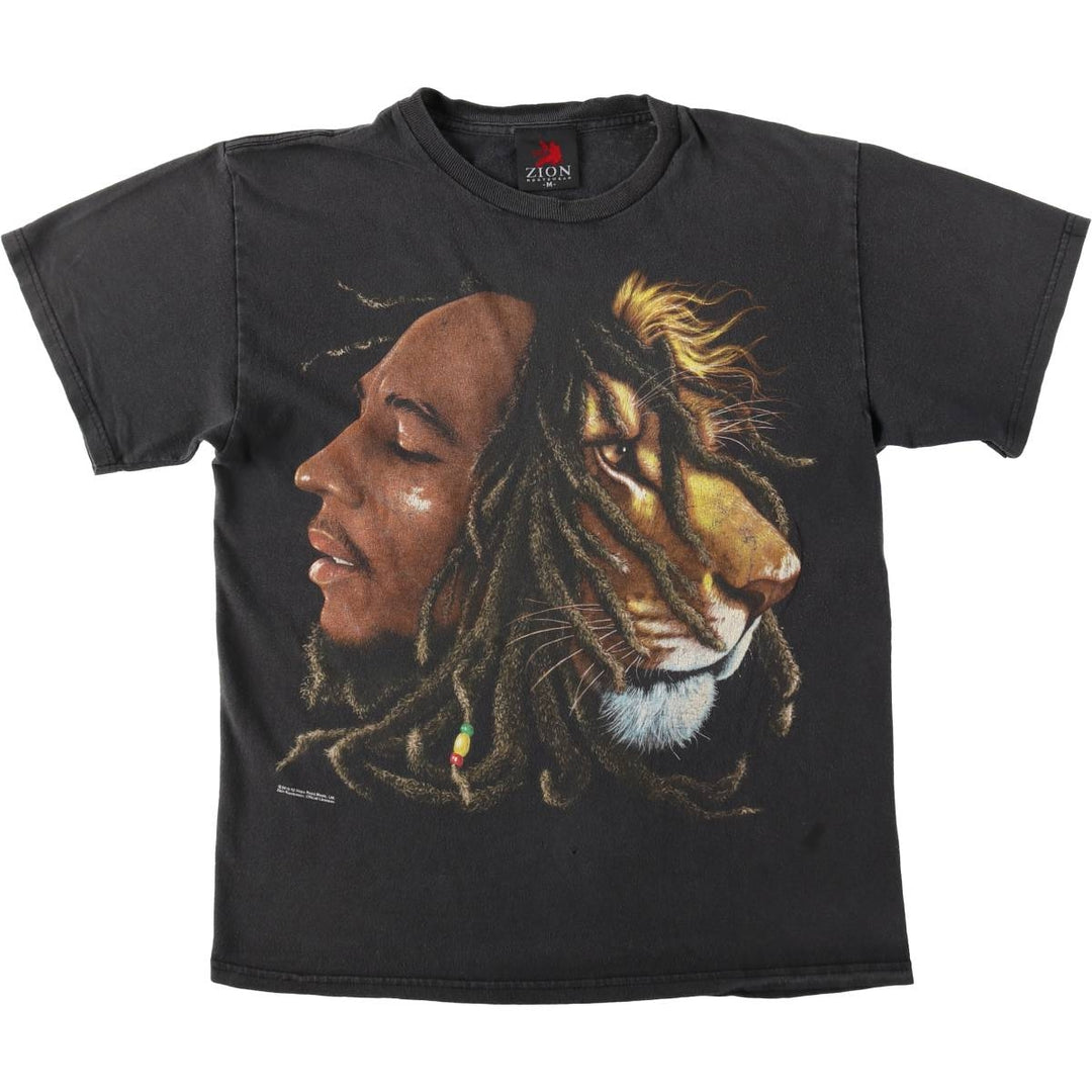 ZION (BOB MARLEY) Animal Pattern Band T-Shirt, Made in USA, Men's Size M (approx.) cotton black type Vintage Second Hand