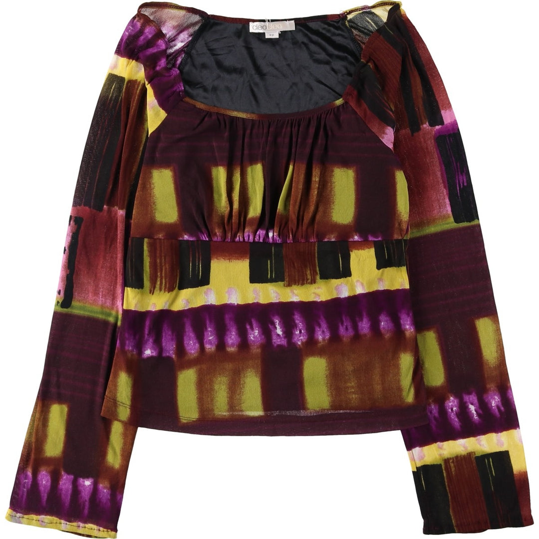 CLEO all-over print ballet neck shirred long-sleeved sheer blouse, women's size S (equivalent) unclear bordeaux Vintage Second Hand
