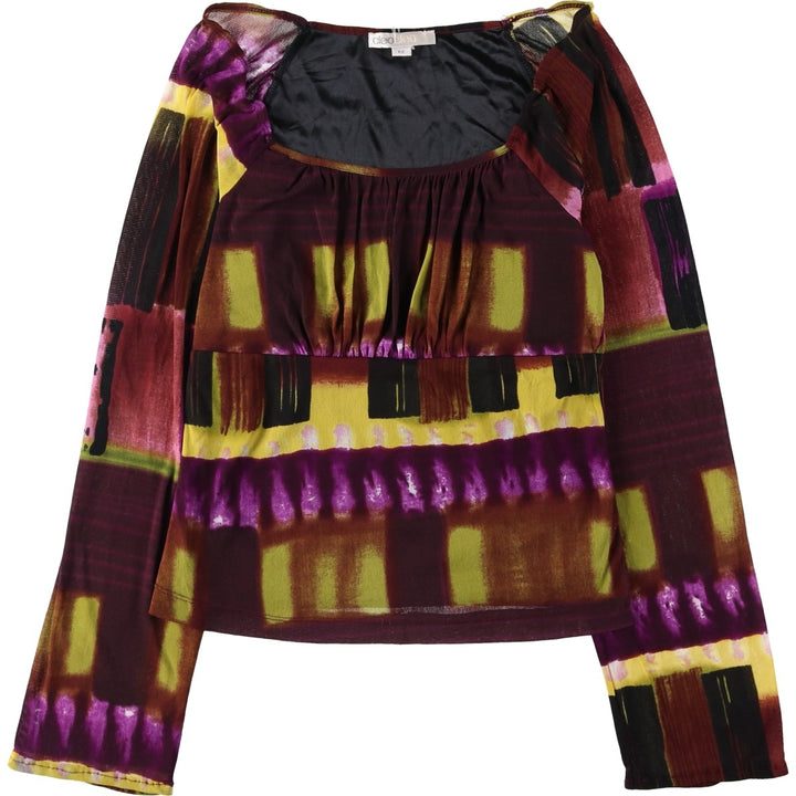 CLEO all-over print ballet neck shirred long-sleeved sheer blouse, women's size S (equivalent) unclear bordeaux Vintage Second Hand