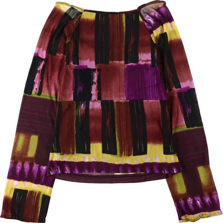 CLEO all-over print ballet neck shirred long-sleeved sheer blouse, women's size S (equivalent) unclear bordeaux Vintage Second Hand