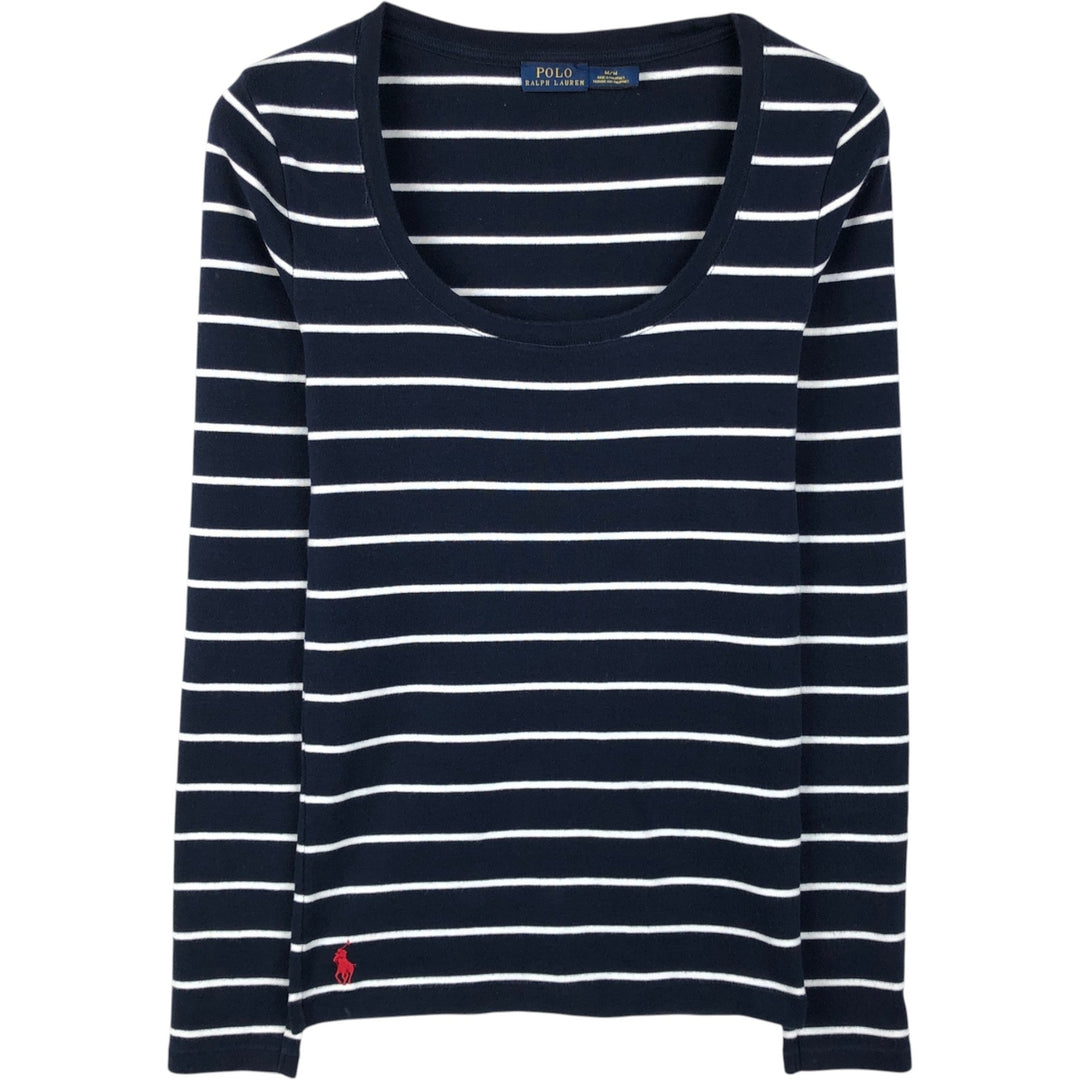 Ralph Lauren POLO RALPH LAUREN Striped Pattern U-Neck Long-Sleeve T-Shirt (Women's Size M) cotton navy blue type Vintage Second Hand