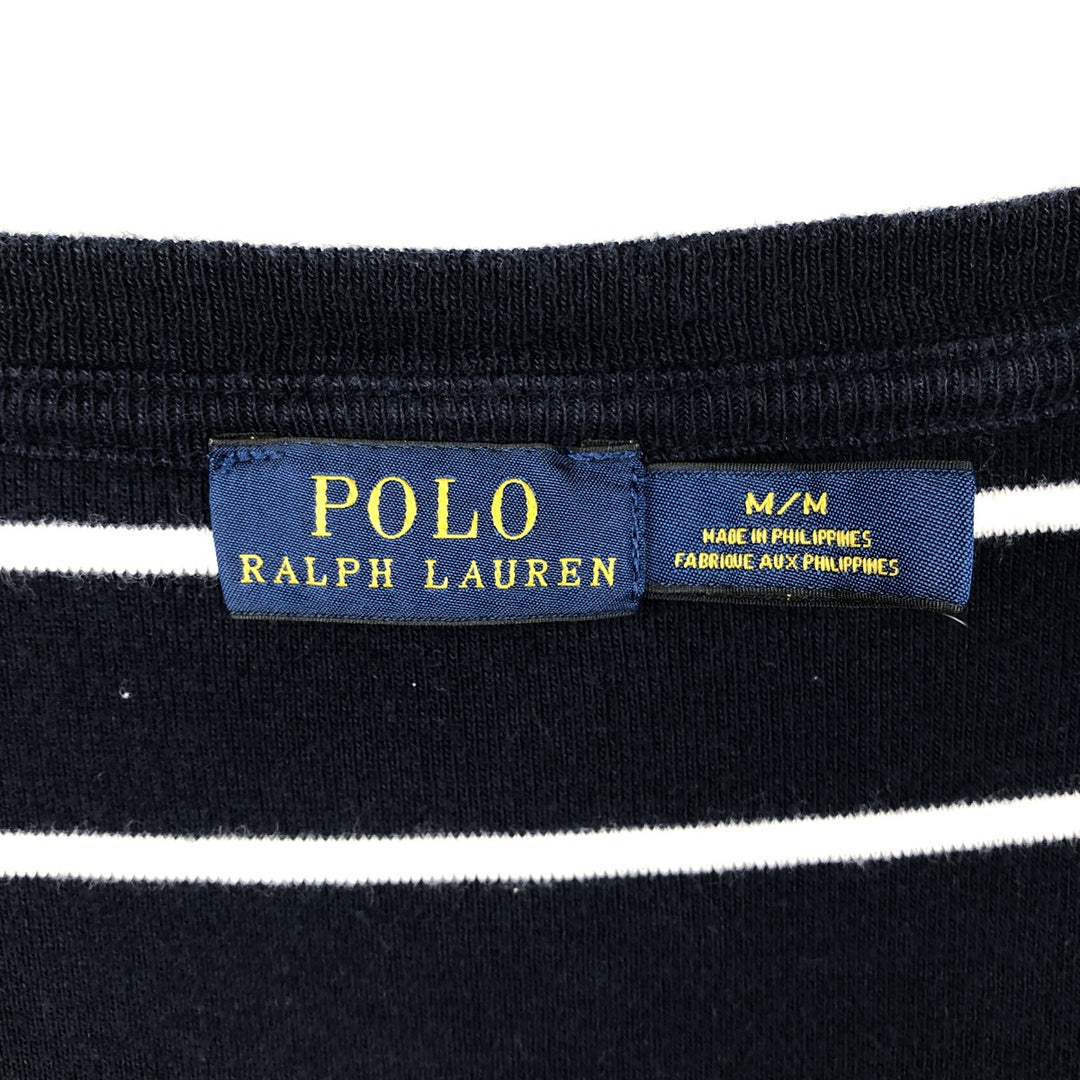 Ralph Lauren POLO RALPH LAUREN Striped Pattern U-Neck Long-Sleeve T-Shirt (Women's Size M) cotton navy blue type Vintage Second Hand