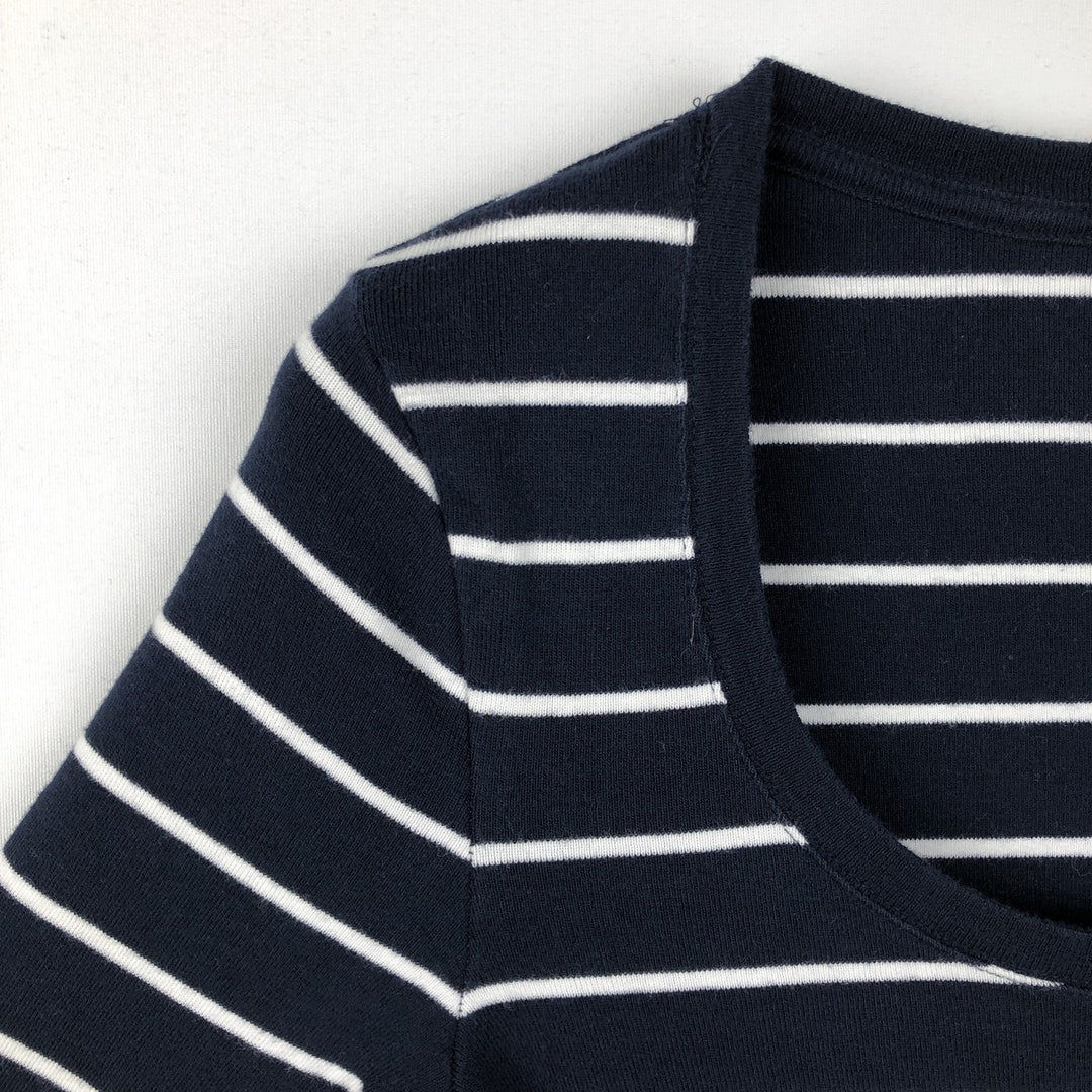 Ralph Lauren POLO RALPH LAUREN Striped Pattern U-Neck Long-Sleeve T-Shirt (Women's Size M) cotton navy blue type Vintage Second Hand
