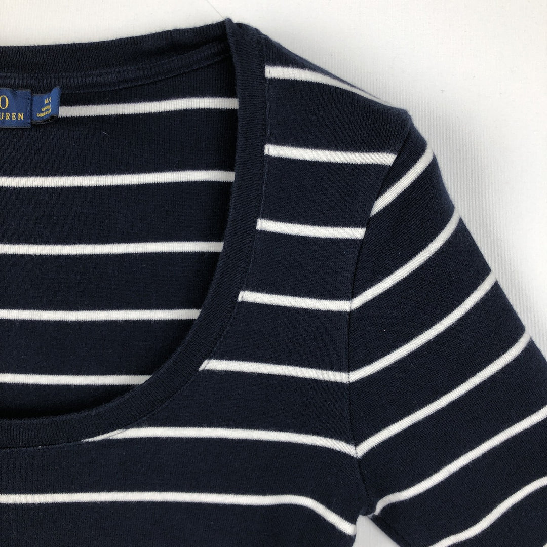 Ralph Lauren POLO RALPH LAUREN Striped Pattern U-Neck Long-Sleeve T-Shirt (Women's Size M) cotton navy blue type Vintage Second Hand