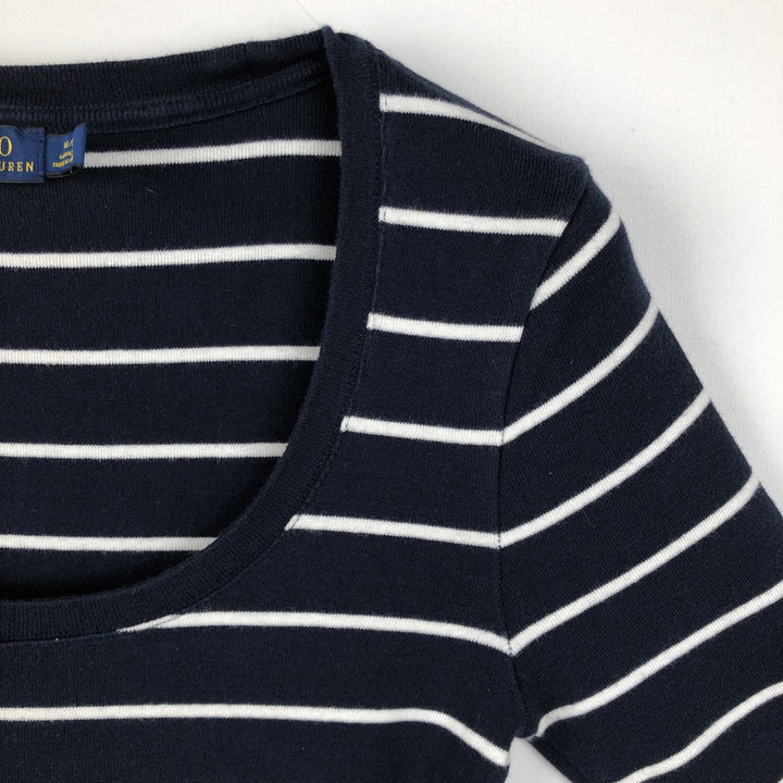 Ralph Lauren POLO RALPH LAUREN Striped Pattern U-Neck Long-Sleeve T-Shirt (Women's Size M) cotton navy blue type Vintage Second Hand