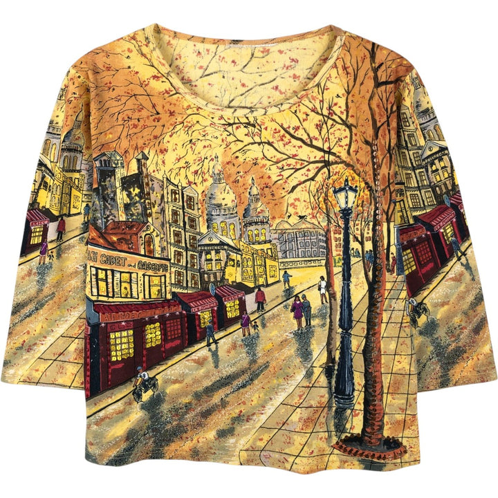 All-over print, rhinestone-embellished, three-quarter sleeve long-sleeve T-shirt (women's size XS equivalent) unclear yellow type Vintage Second Hand