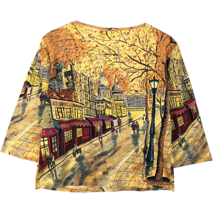 All-over print, rhinestone-embellished, three-quarter sleeve long-sleeve T-shirt (women's size XS equivalent) unclear yellow type Vintage Second Hand