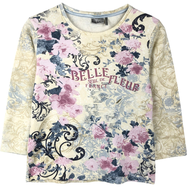 Nicole Miller all-over floral print long-sleeved t-shirt with rhinestone embellishments, 3/4 sleeves, women's size S. cotton unbleached Vintage Second Hand