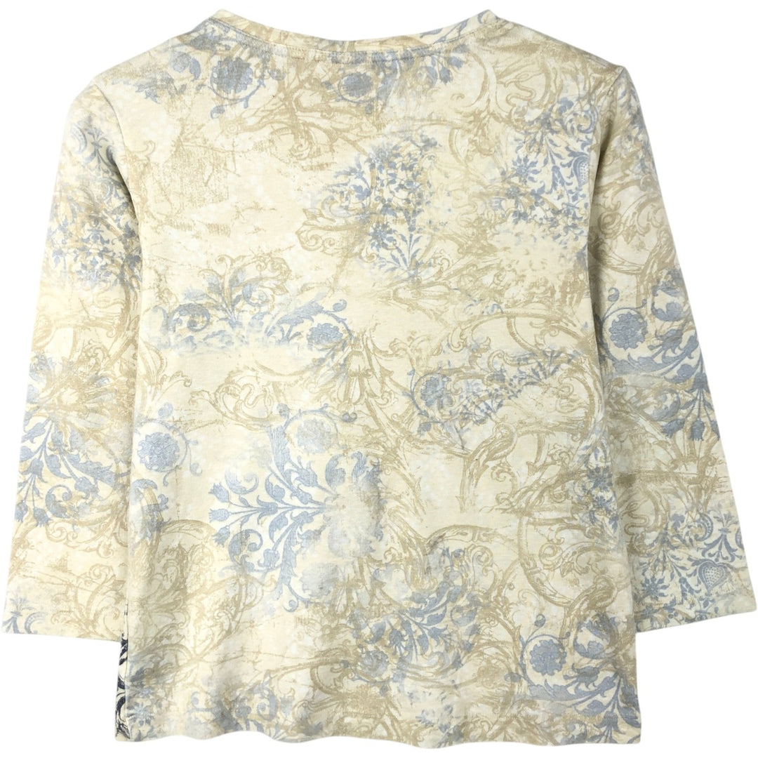 Nicole Miller all-over floral print long-sleeved t-shirt with rhinestone embellishments, 3/4 sleeves, women's size S. cotton unbleached Vintage Second Hand