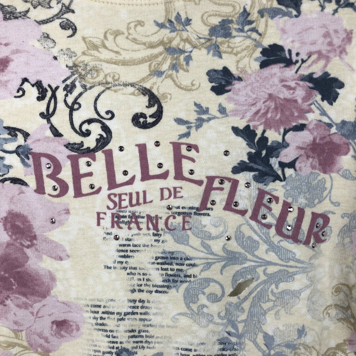 Nicole Miller all-over floral print long-sleeved t-shirt with rhinestone embellishments, 3/4 sleeves, women's size S. cotton unbleached Vintage Second Hand