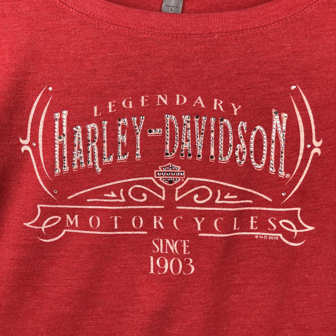 Harley-Davidson U-neck long-sleeved T-shirt with rhinestones (women's size L equivalent) polyester red type Vintage Second Hand