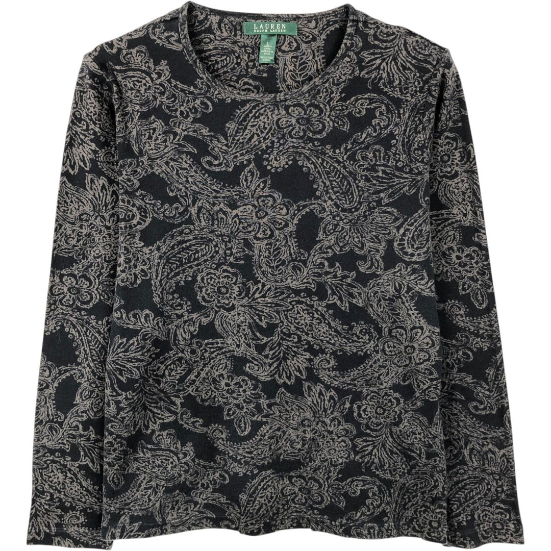 Ralph Lauren LAUREN Long-Sleeve T-Shirt with All-Over Floral and Paisley Pattern (Women's Size L) cotton black type Vintage Second Hand