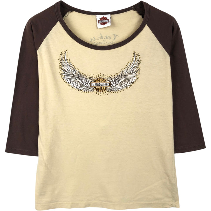 2000'S Harley-Davidson Tribal 3/4 Sleeve Raglan T-Shirt with Rhymestones, Made in USA, Women's Size L (approx.) cotton unbleached Vintage Second Hand