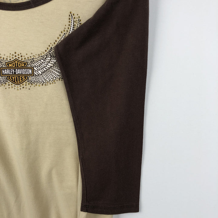 2000'S Harley-Davidson Tribal 3/4 Sleeve Raglan T-Shirt with Rhymestones, Made in USA, Women's Size L (approx.) cotton unbleached Vintage Second Hand