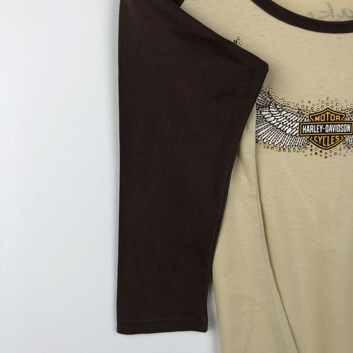 2000'S Harley-Davidson Tribal 3/4 Sleeve Raglan T-Shirt with Rhymestones, Made in USA, Women's Size L (approx.) cotton unbleached Vintage Second Hand
