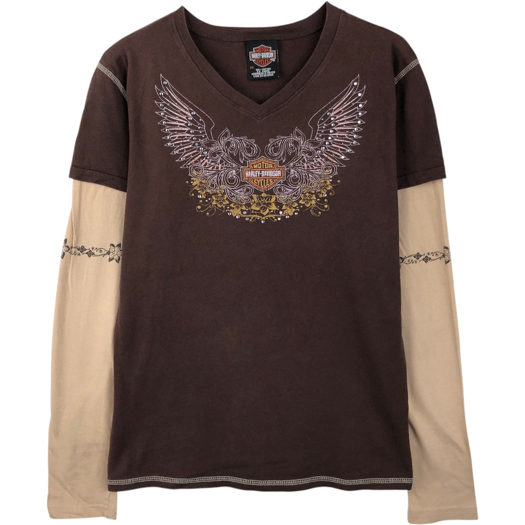 2000'S Harley-Davidson Floral Print V-Neck Long-Sleeve T-Shirt with Rhinestones (Women's XXL equivalent) cotton brown type Vintage Second Hand