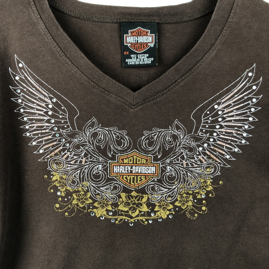 2000'S Harley-Davidson Floral Print V-Neck Long-Sleeve T-Shirt with Rhinestones (Women's XXL equivalent) cotton brown type Vintage Second Hand