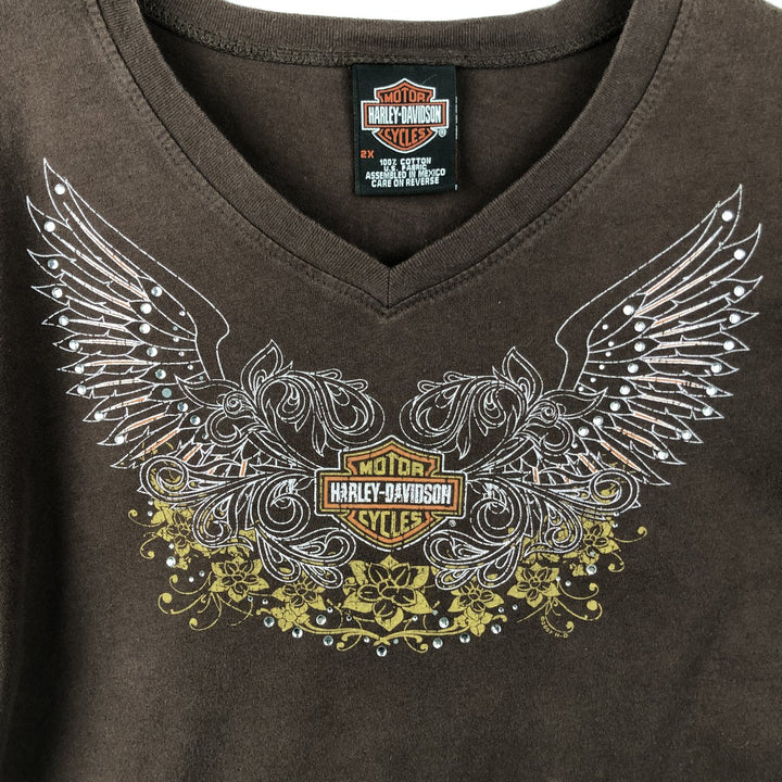 2000'S Harley-Davidson Floral Print V-Neck Long-Sleeve T-Shirt with Rhinestones (Women's XXL equivalent) cotton brown type Vintage Second Hand