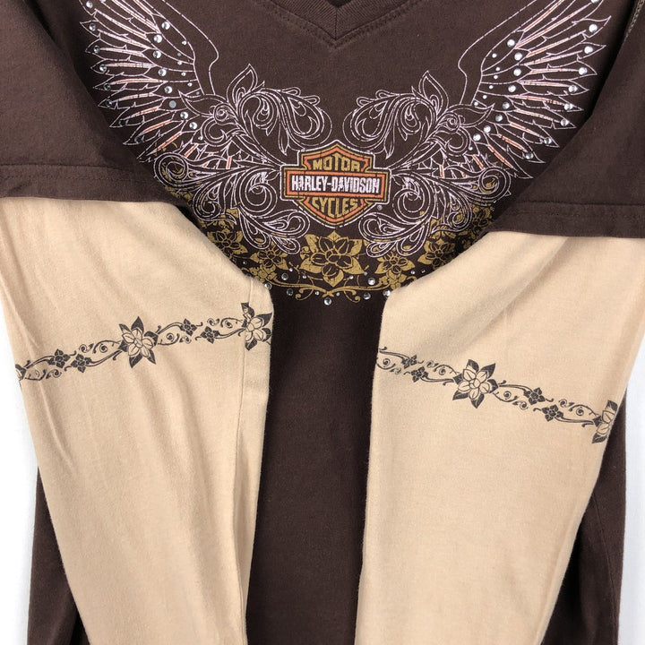 2000'S Harley-Davidson Floral Print V-Neck Long-Sleeve T-Shirt with Rhinestones (Women's XXL equivalent) cotton brown type Vintage Second Hand