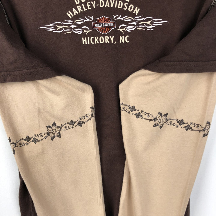 2000'S Harley-Davidson Floral Print V-Neck Long-Sleeve T-Shirt with Rhinestones (Women's XXL equivalent) cotton brown type Vintage Second Hand