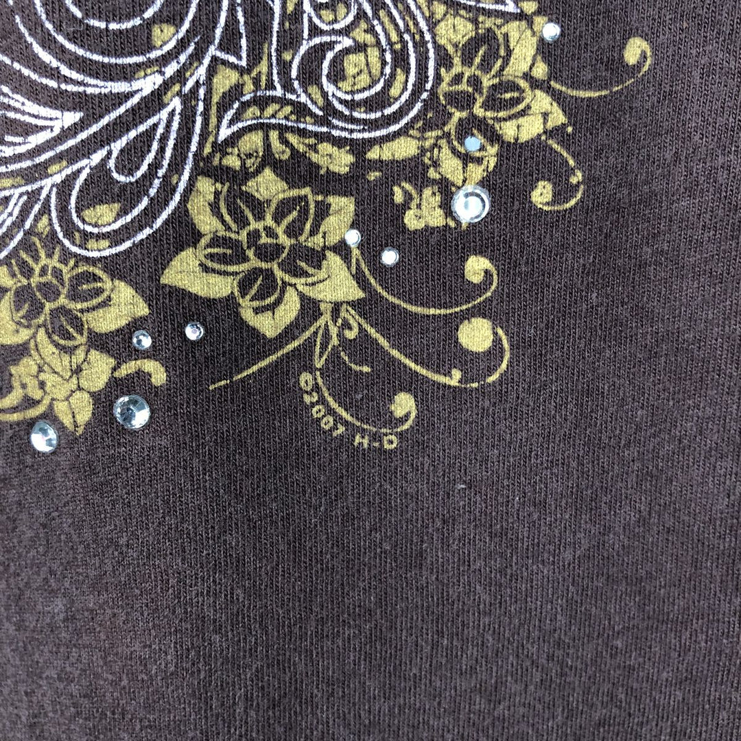 2000'S Harley-Davidson Floral Print V-Neck Long-Sleeve T-Shirt with Rhinestones (Women's XXL equivalent) cotton brown type Vintage Second Hand