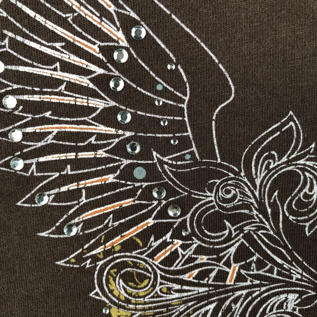 2000'S Harley-Davidson Floral Print V-Neck Long-Sleeve T-Shirt with Rhinestones (Women's XXL equivalent) cotton brown type Vintage Second Hand