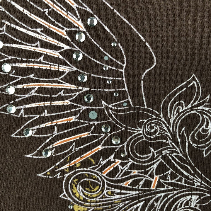 2000'S Harley-Davidson Floral Print V-Neck Long-Sleeve T-Shirt with Rhinestones (Women's XXL equivalent) cotton brown type Vintage Second Hand