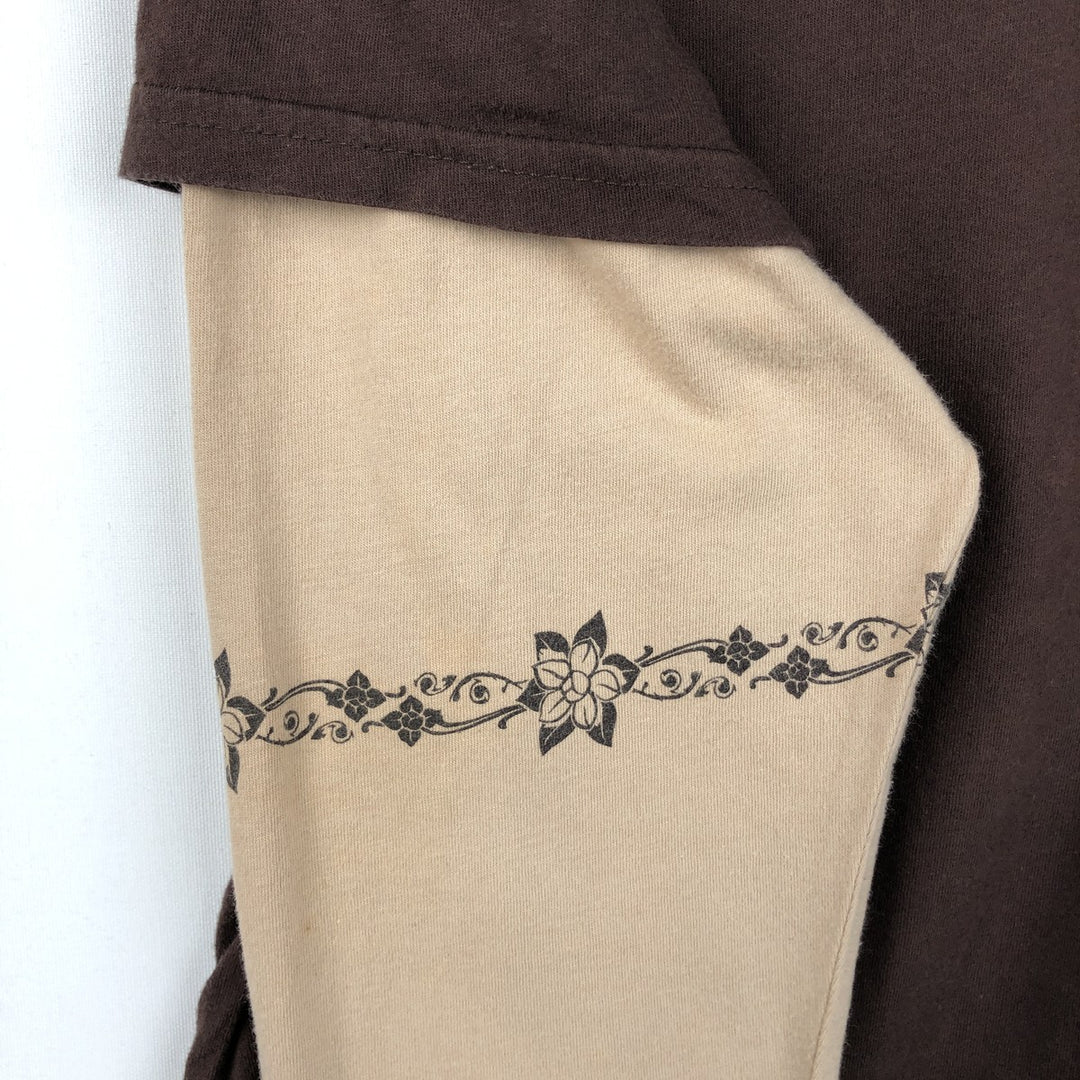 2000'S Harley-Davidson Floral Print V-Neck Long-Sleeve T-Shirt with Rhinestones (Women's XXL equivalent) cotton brown type Vintage Second Hand